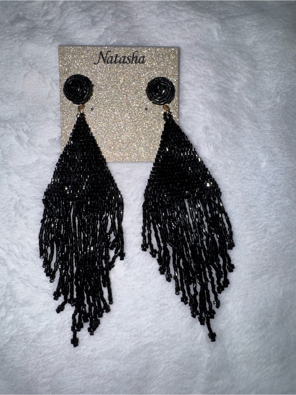 Natasha  Couture Black Beaded Fringe Statement Earrings